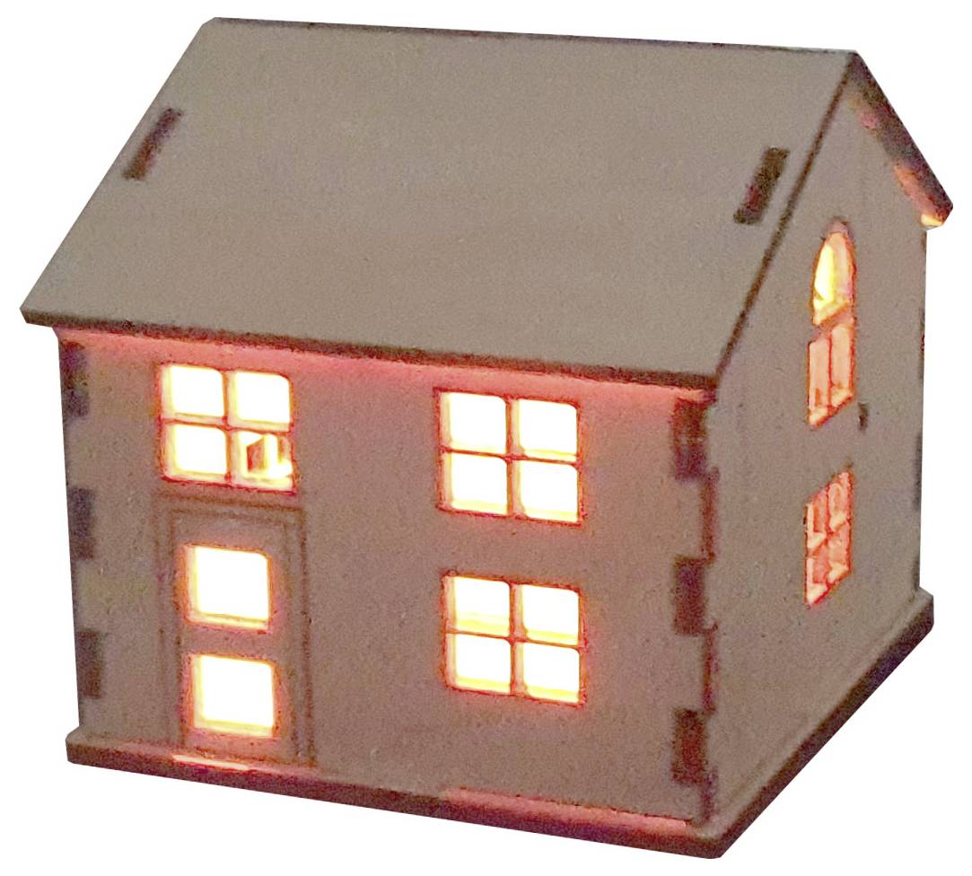 A small decorative wooden house with glowing windows, resembling cozy indoor lighting, suggesting warmth and comfort.