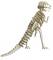 A wooden 3D puzzle model of a dinosaur skeleton, depicting a T-Rex in a walking pose, showcasing its rib cage and long tail.