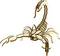 A wooden, articulated scorpion model with detailed segmented legs and tail, poised as if ready to strike.