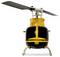 A yellow and black toy helicopter shown from the front, with its rotor blades extended, resting on a white surface.