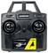 Remote control for a four-channel helicopter with dual joysticks, labeled 'A' and '2.4GHz'. Features on/off switch and indicator light.