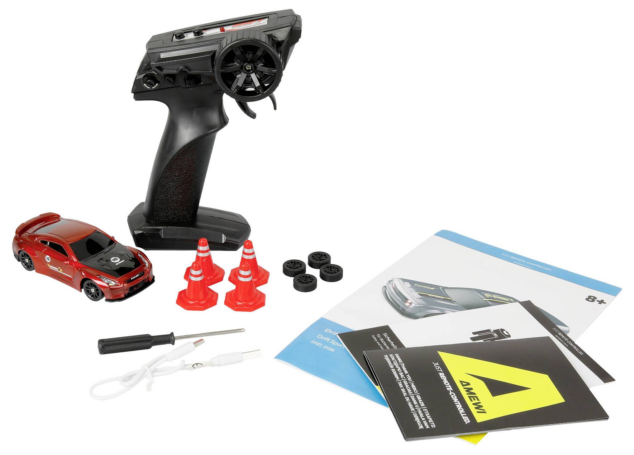 A remote control car set includes a red car, remote, orange cones, spare tires, a screwdriver, USB cable, and instruction booklet.