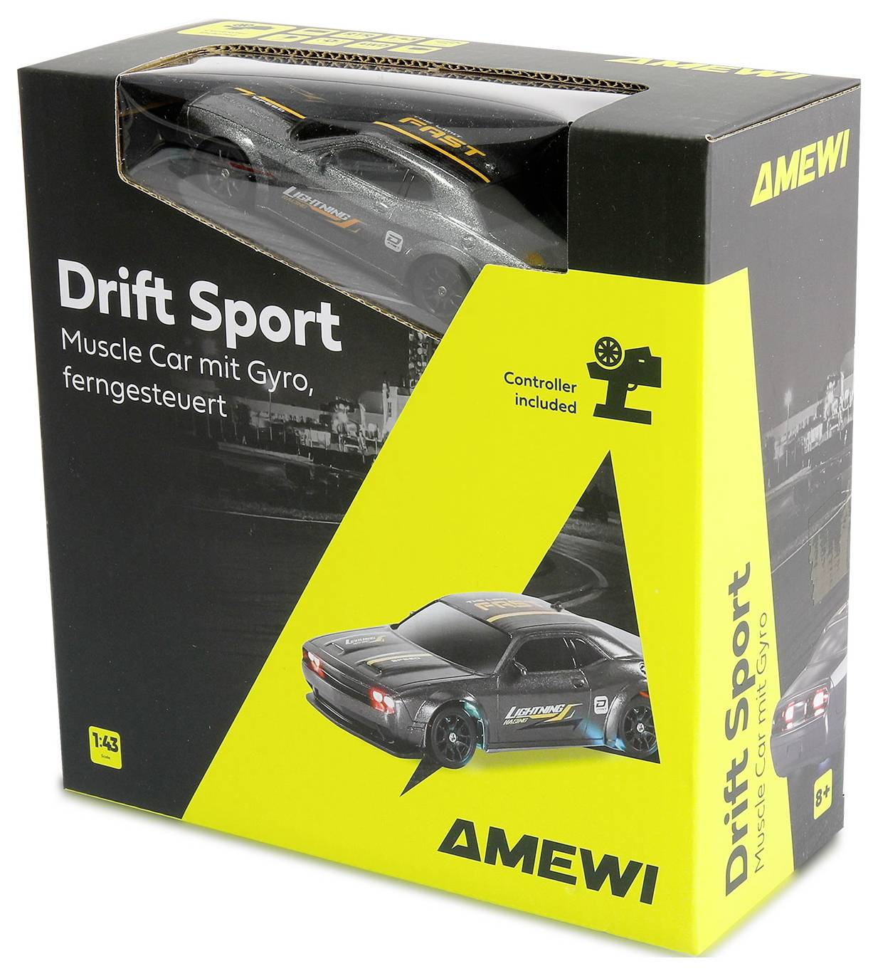 'Drift Sport' remote-controlled car package showing a black and gray car model image. Includes text: 'Muscle Car mit Gyro, ferngesteuert.'