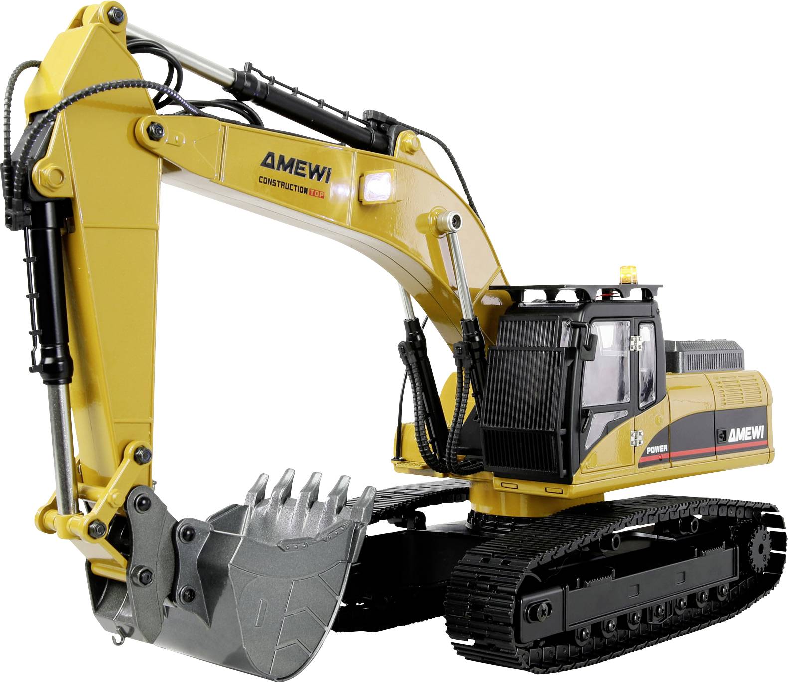 Yellow toy excavator model with black tracks and a detailed cabin, labeled 'AMEWI,' designed for construction play scenarios.