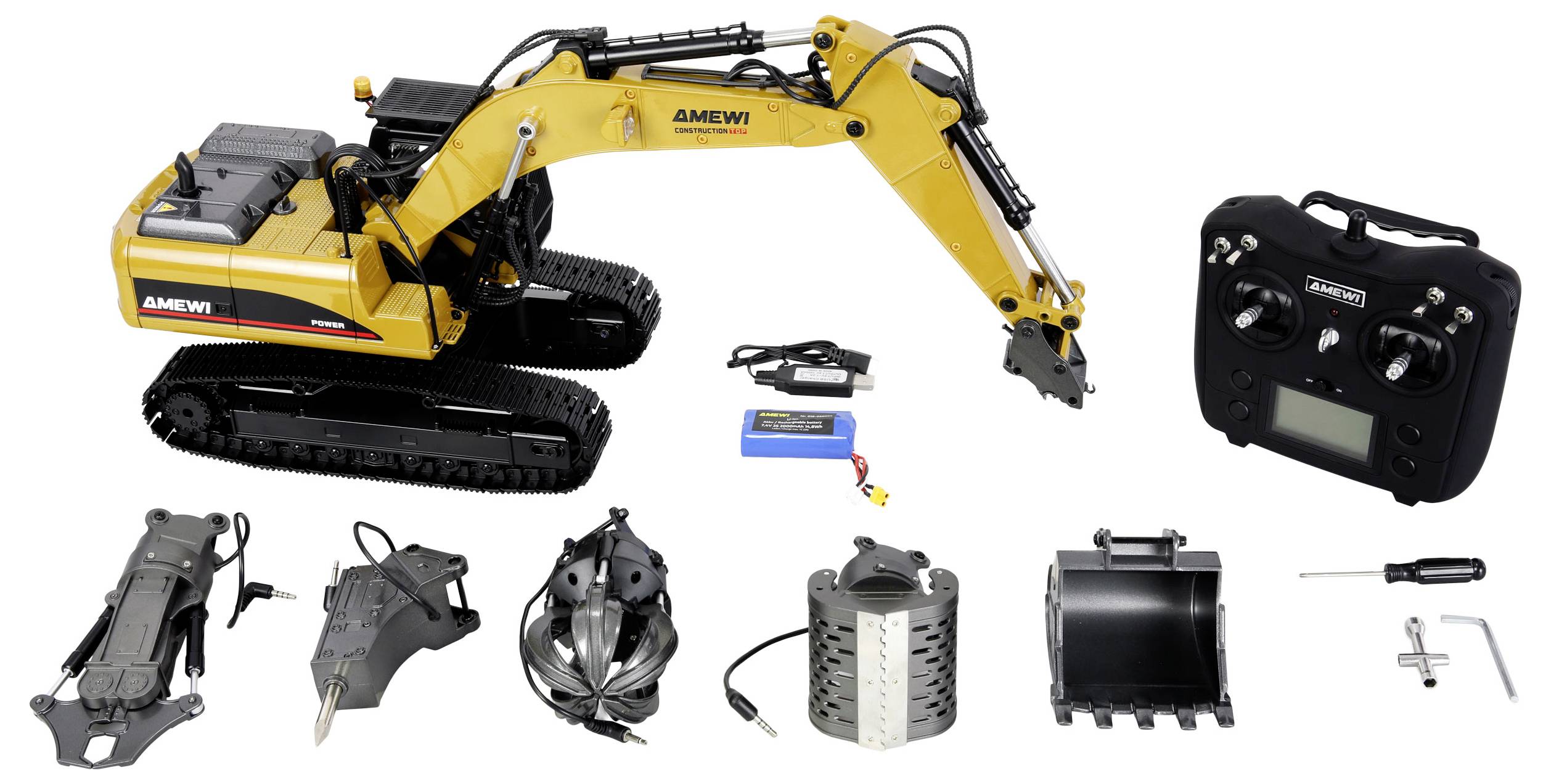 'Remote-controlled excavator set with yellow excavator, control unit, battery, and various attachments laid out.'