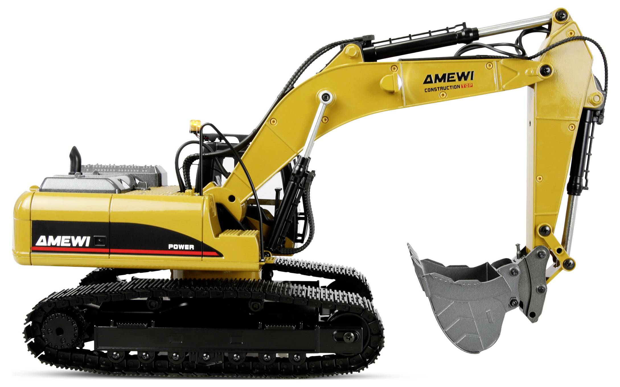 A yellow construction excavator with a black track and a metal bucket, shown in a side view, used for heavy-duty digging tasks.
