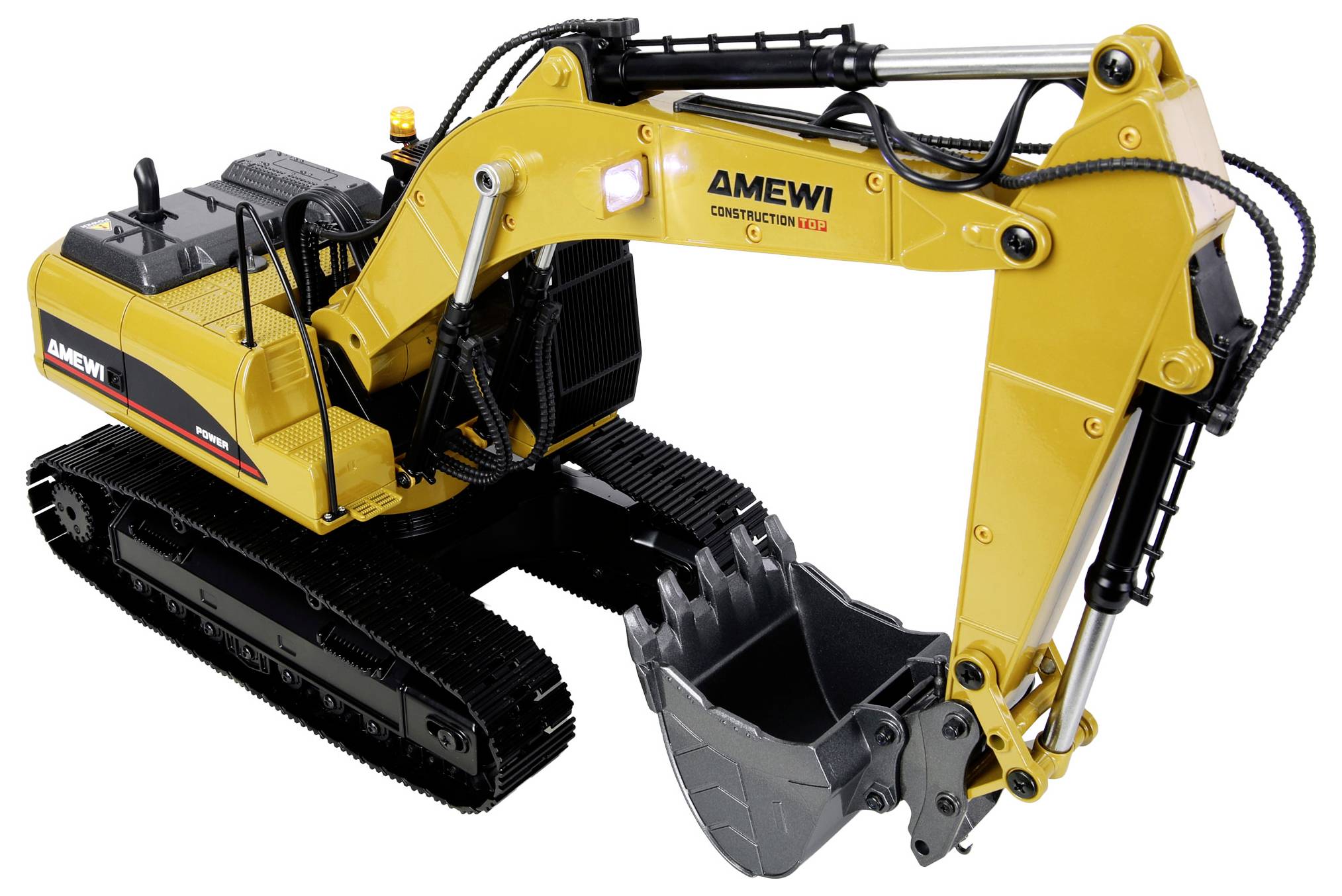 A yellow toy excavator model with 'AMEWI CONSTRUCTION 802.2' on the side, featuring a detailed arm, bucket, and tracks.