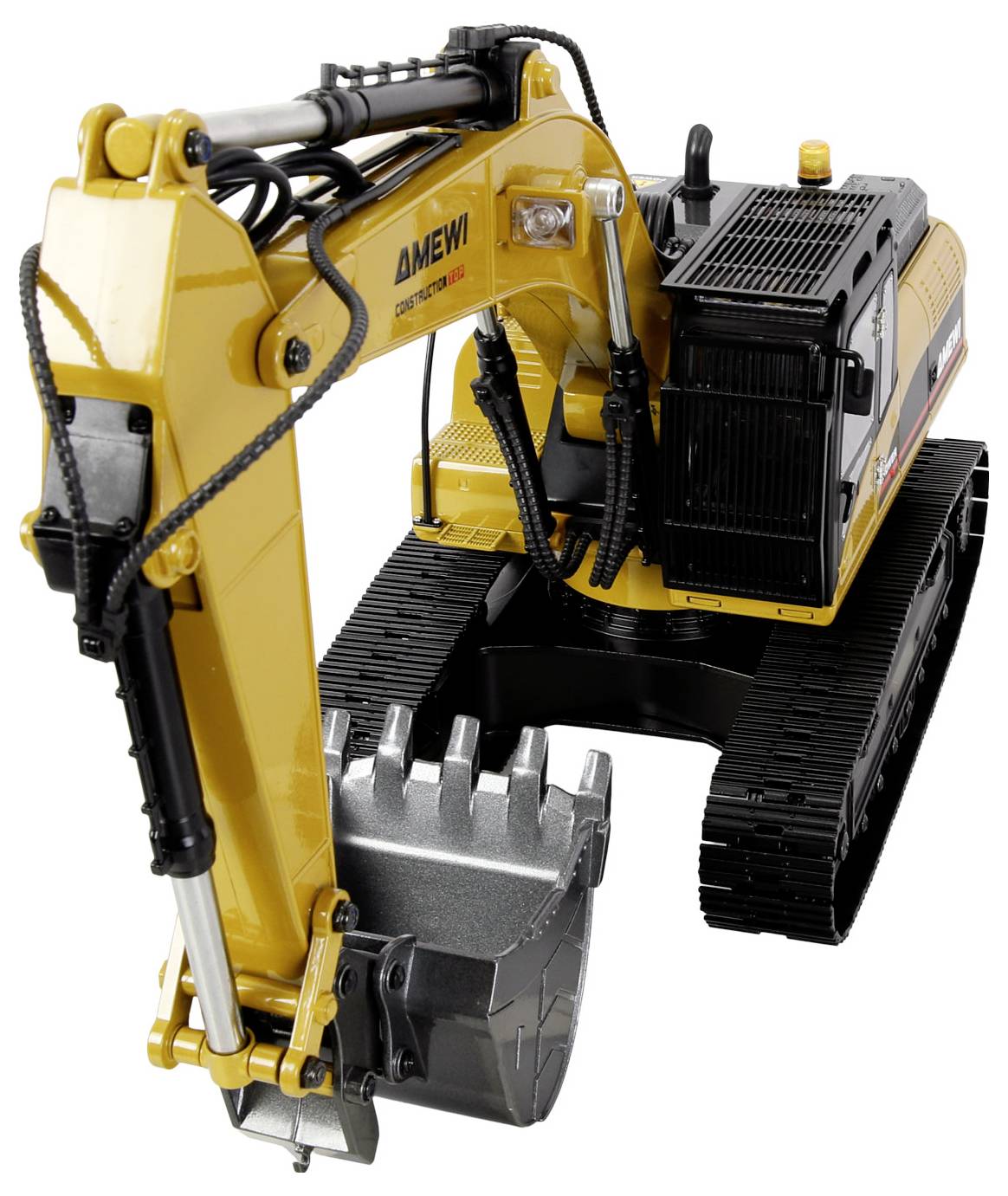 A yellow construction excavator with a large digging bucket and tracked wheels, viewed from an angle. The brand name 'AMEWI' is visible.