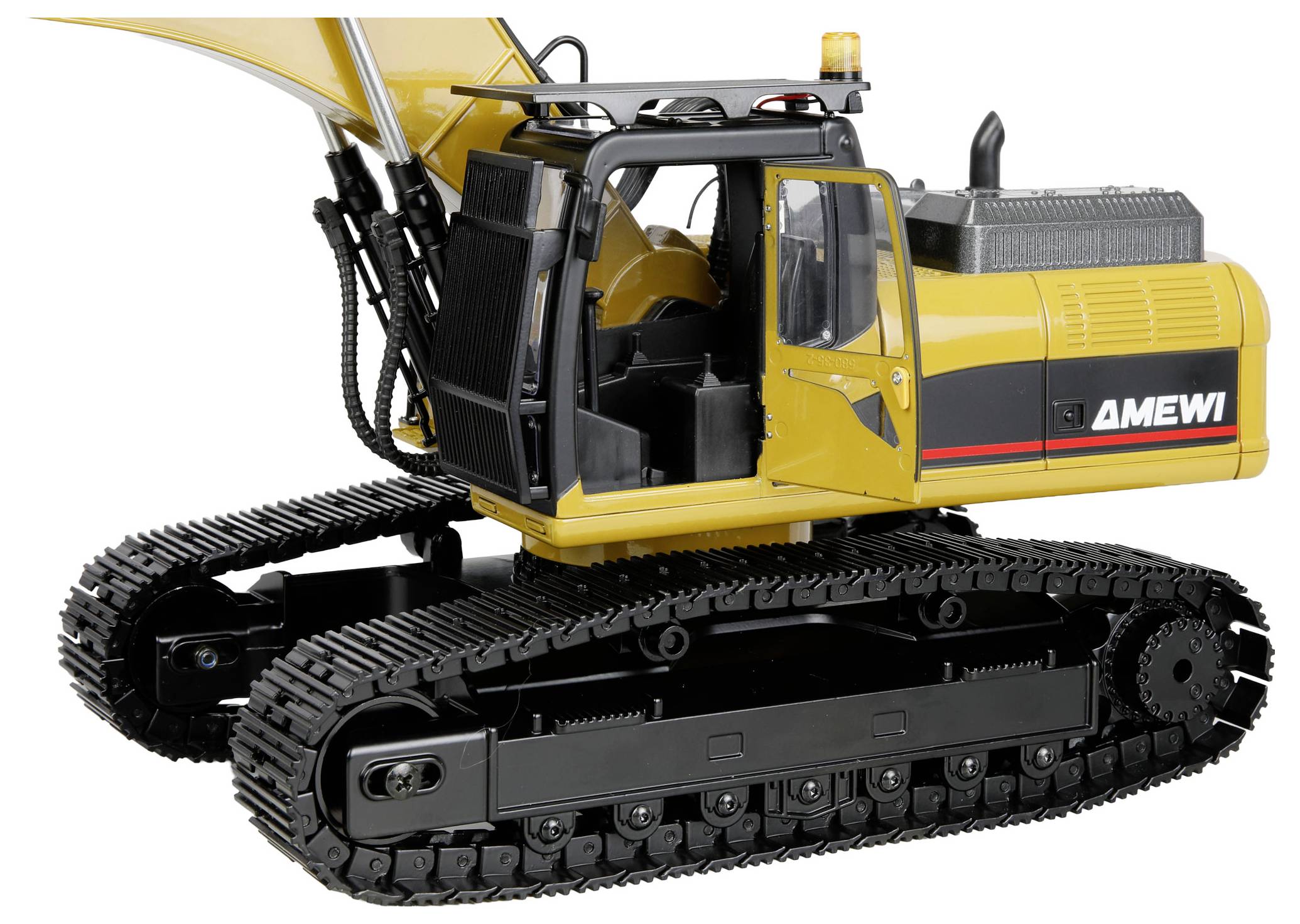 A yellow toy excavator model with black tracks and detailed cabin parts, branded with 'AMEWI' on the side.