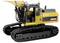 A yellow toy excavator model with black tracks and detailed cabin parts, branded with 'AMEWI' on the side.