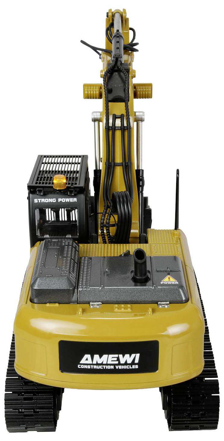 Remote-controlled yellow excavator toy by Amewi, labeled 'Strong Power', designed for construction-themed play.