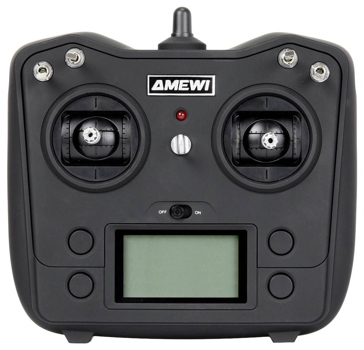 A black radio control transmitter with dual joysticks, buttons, switches, a central display, and branding 'Amewi' on top.