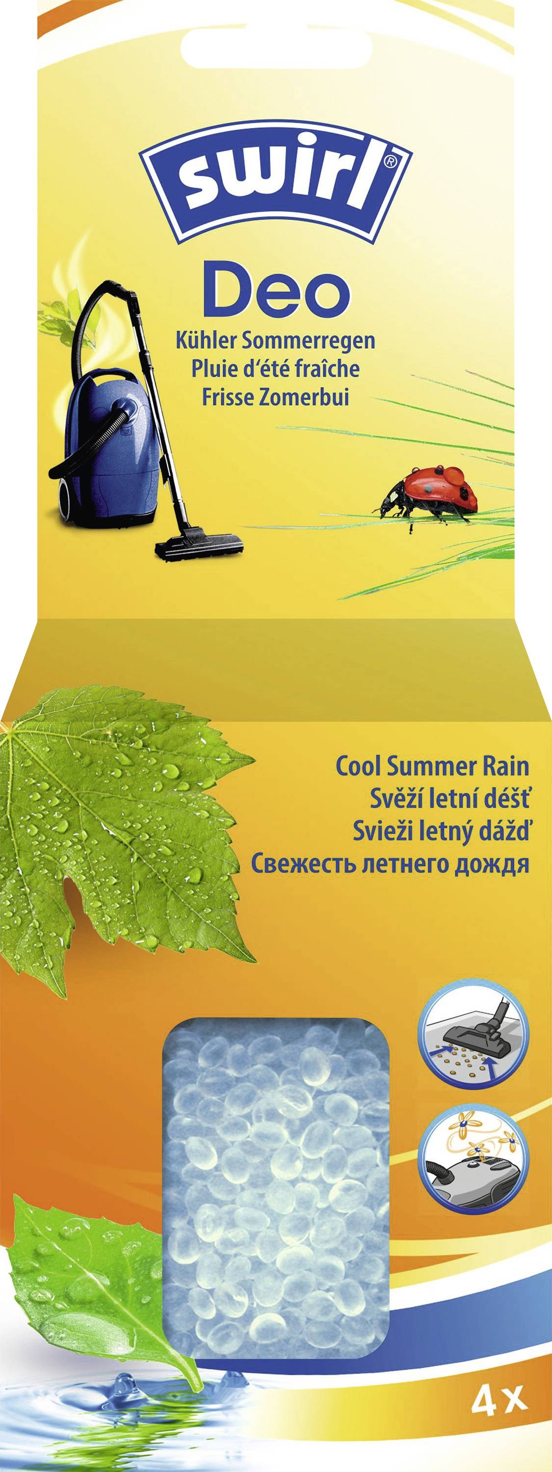 'Swirl Deo' vacuum freshener packaging featuring a blue vacuum, ladybug, and leaves. Scent described as 'Cool Summer Rain'. Contains four pieces.
