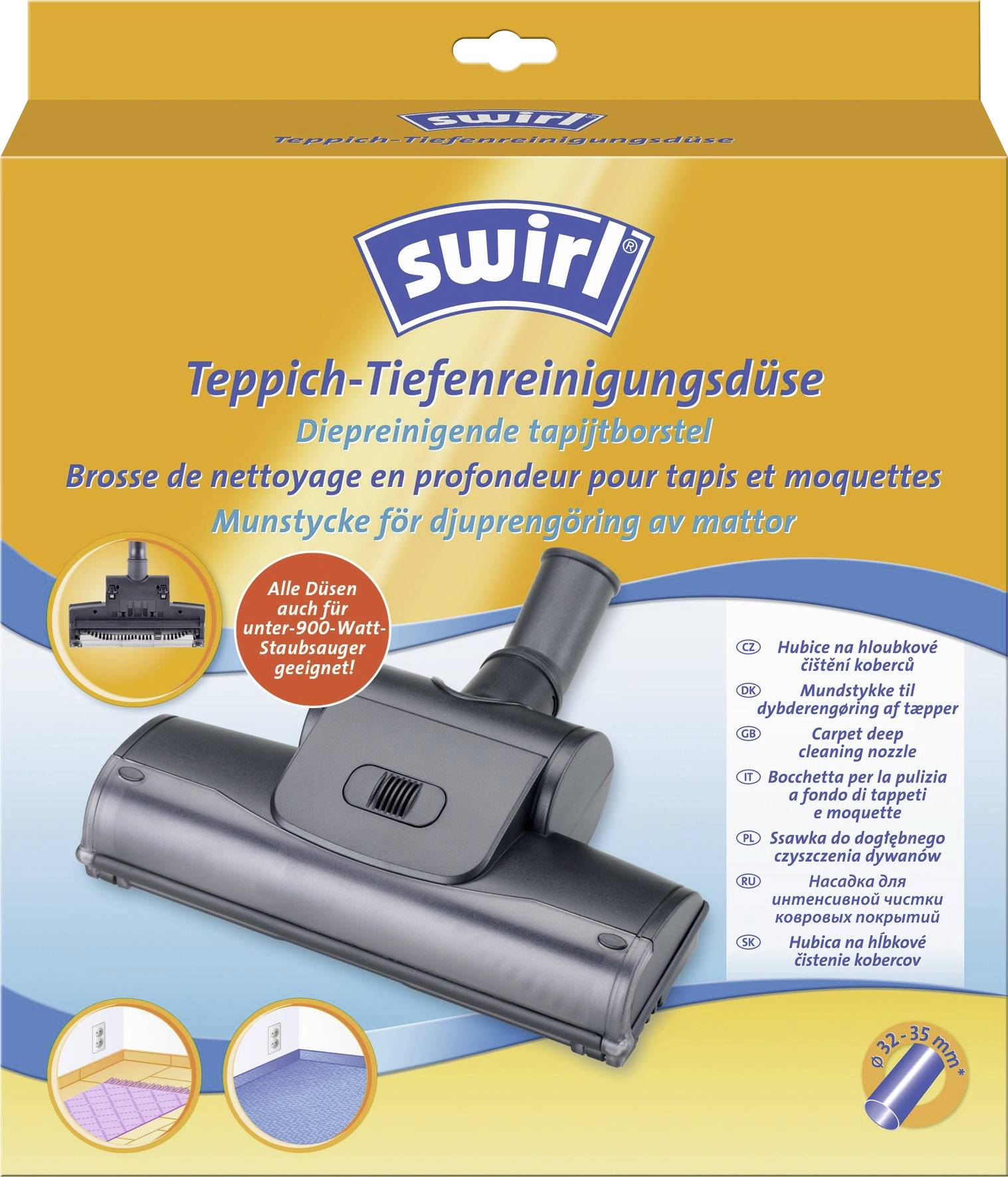 A packaging box highlighting a carpet deep-cleaning vacuum nozzle. It is compatible with most vacuums and claims effective dirt removal.
