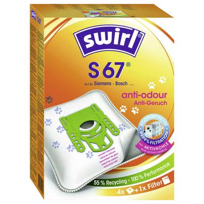 'Swirl S 67' vacuum cleaner bags packaging. Highlights 55% recycling, 100% performance, anti-odour feature, compatible with Siemens, Bosch. Contains 4 bags and 1 filter.