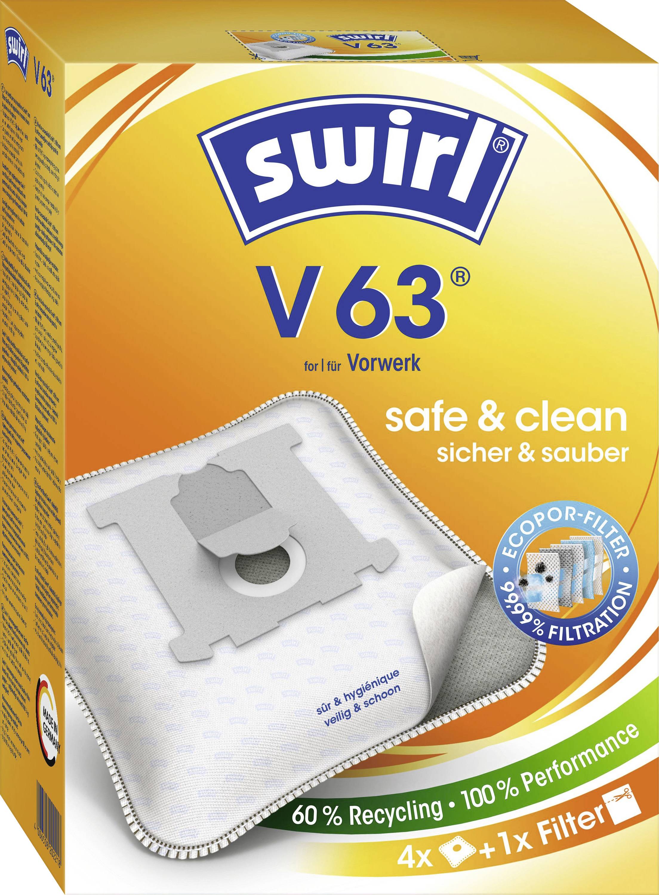 'Swirl V63' vacuum cleaner bag box showing branding and 'safe & clean' features. Highlights 60% recycling, 100% performance, 1x filter.