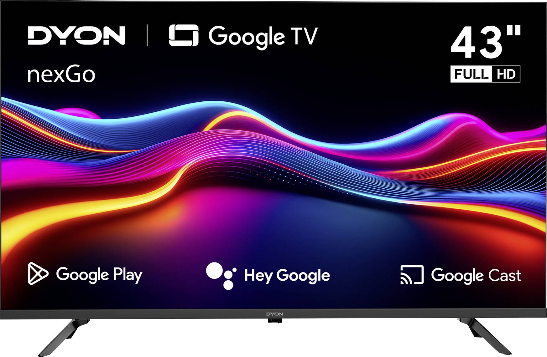 '43" Full HD Dyon nexGo TV with Google TV features, including Google Play, Hey Google, and Google Cast, displayed on screen.'