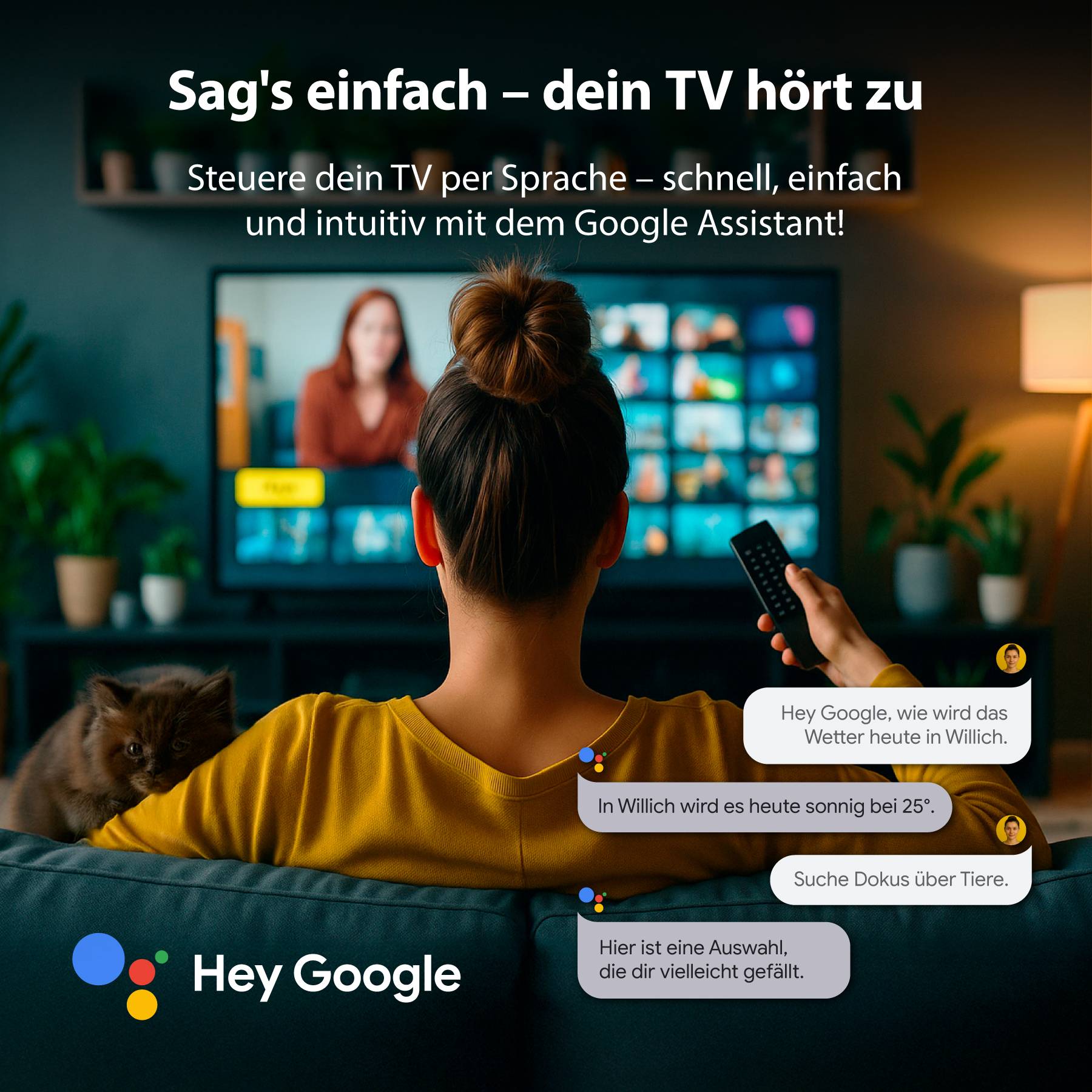 Woman on sofa using voice control for TV. On the screen, a menu with options. Text: 'Just say it – your TV is listening'.
