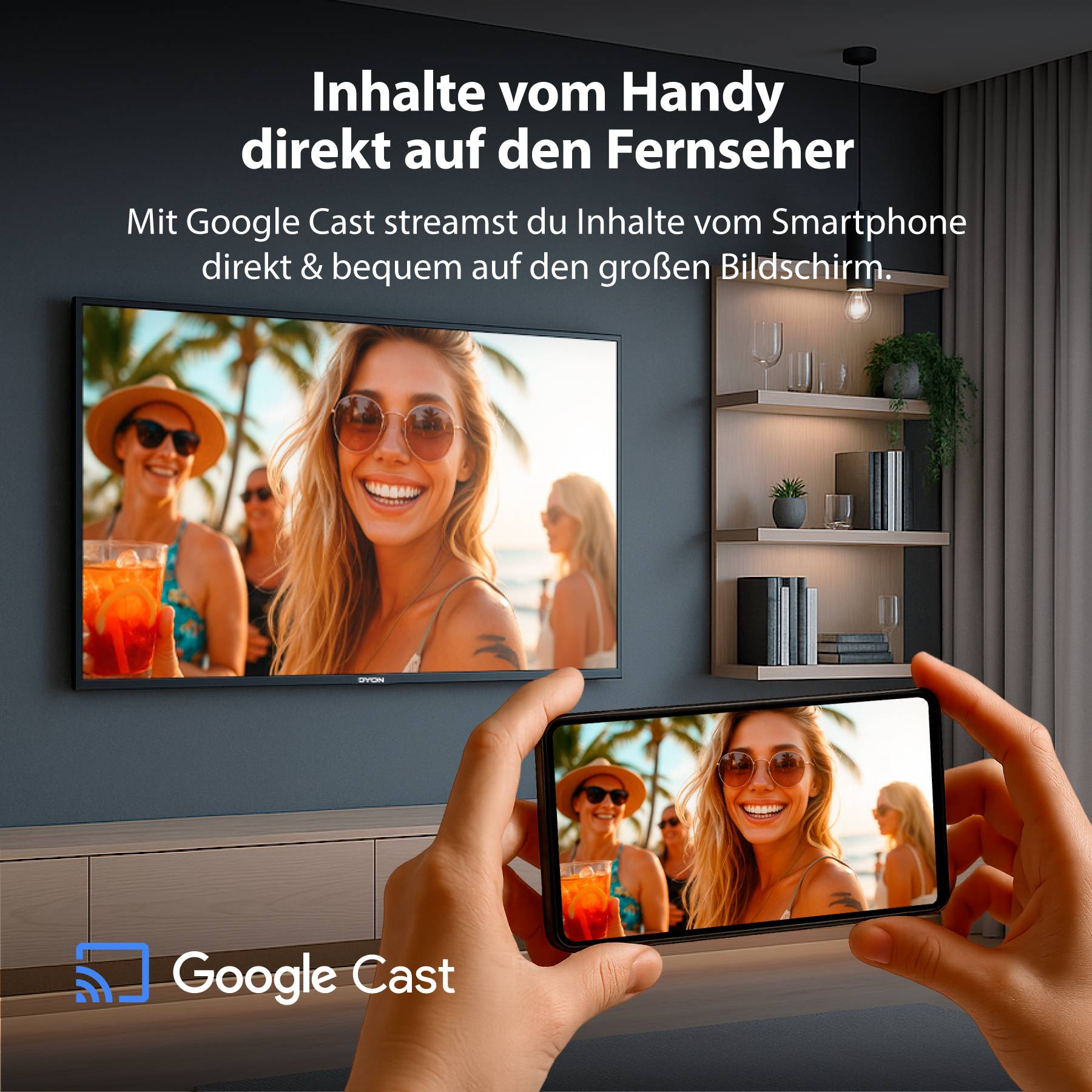 'Person is using Google Cast to stream smartphone content to the TV. TV shows sunny scene with people wearing sunglasses.'