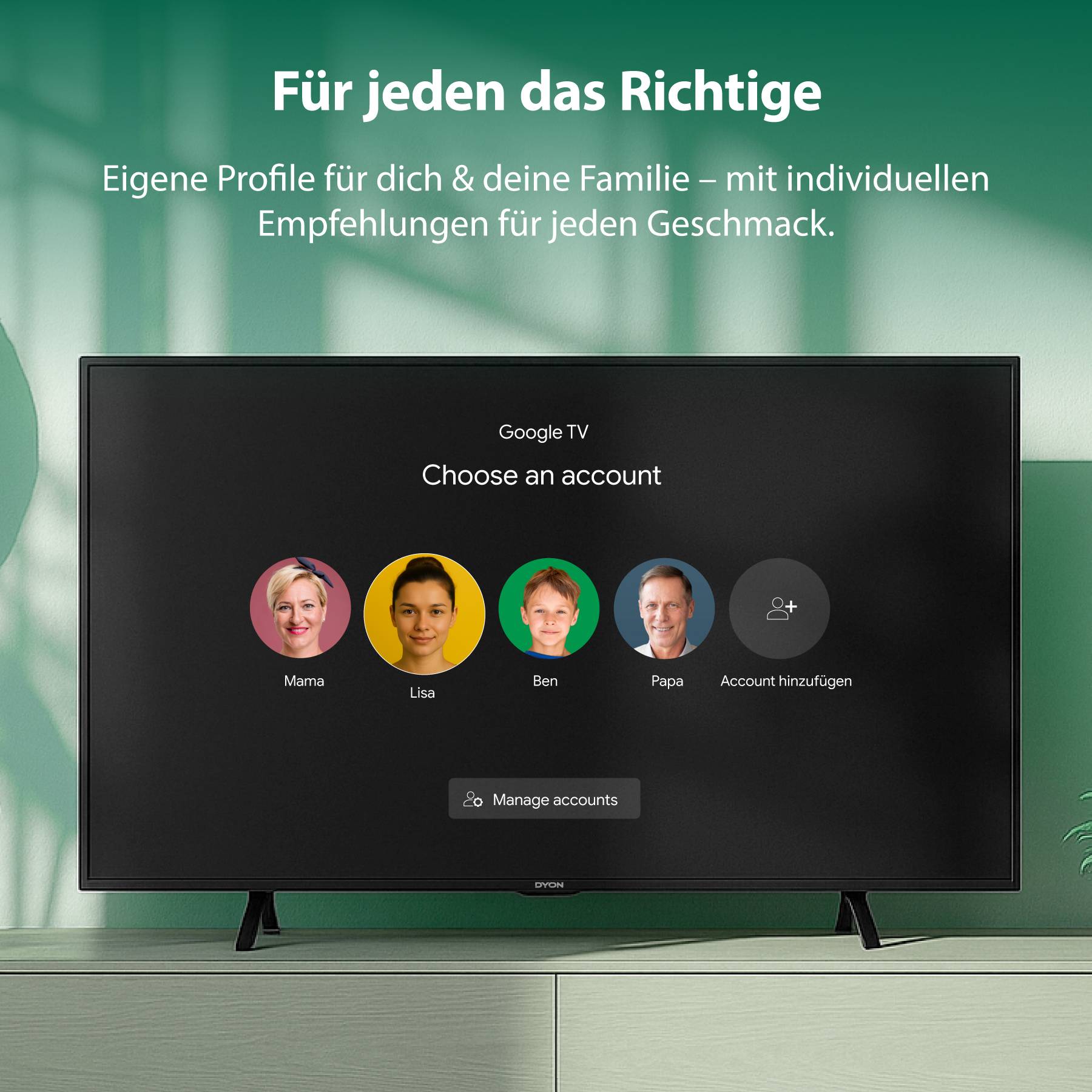 Television shows login screen with four profiles for family members. Heading: The Right Thing for Everyone.
