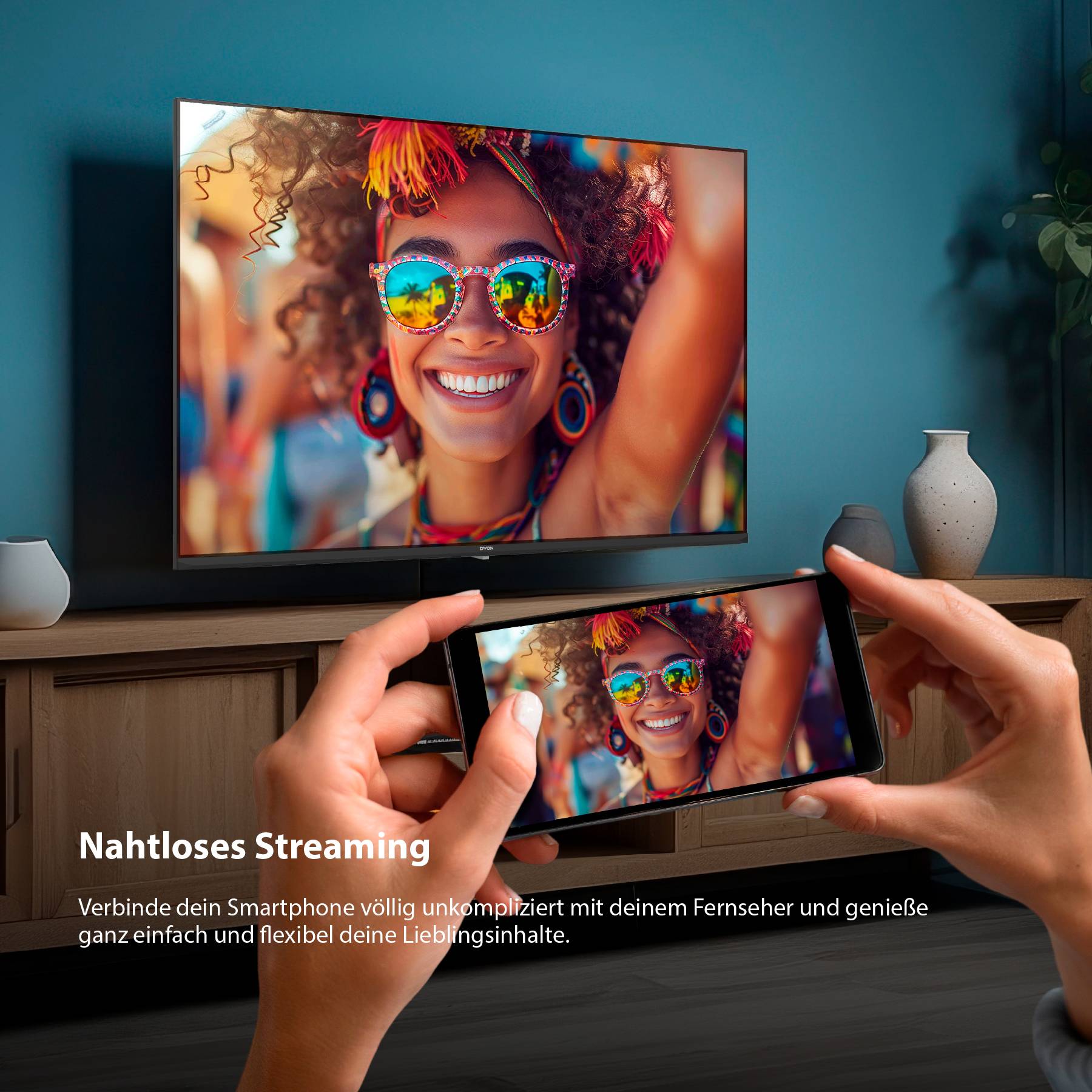 'Seamless Streaming: Connect your smartphone to the television and enjoy your favourite content with total flexibility. Image shows TV mirroring.'