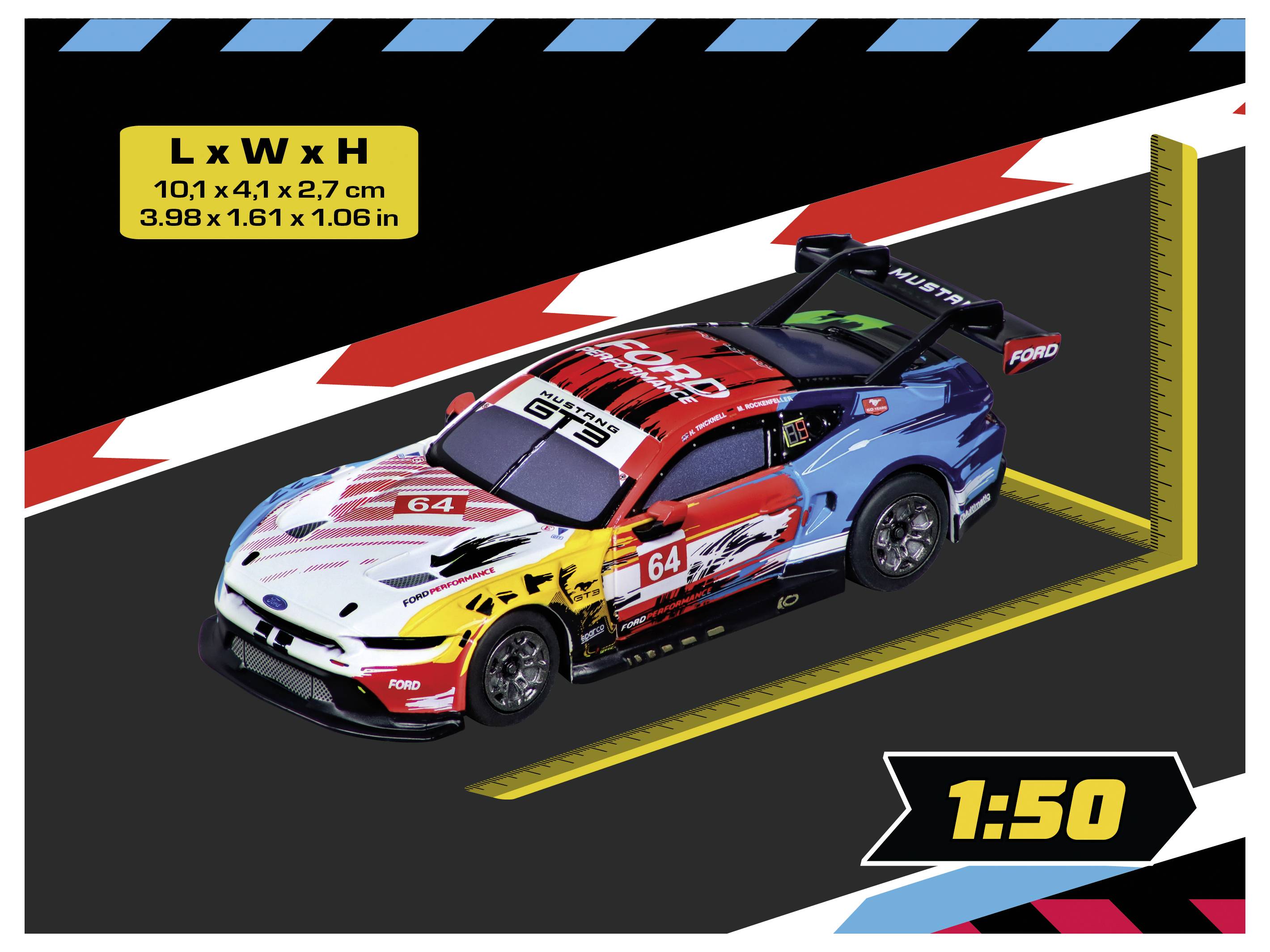 A toy race car on a track with dimensions 'L x W x H: 10.1 x 4.1 x 2.7 cm' and scale '1:50'. The car is multi-colored with the number '64'.