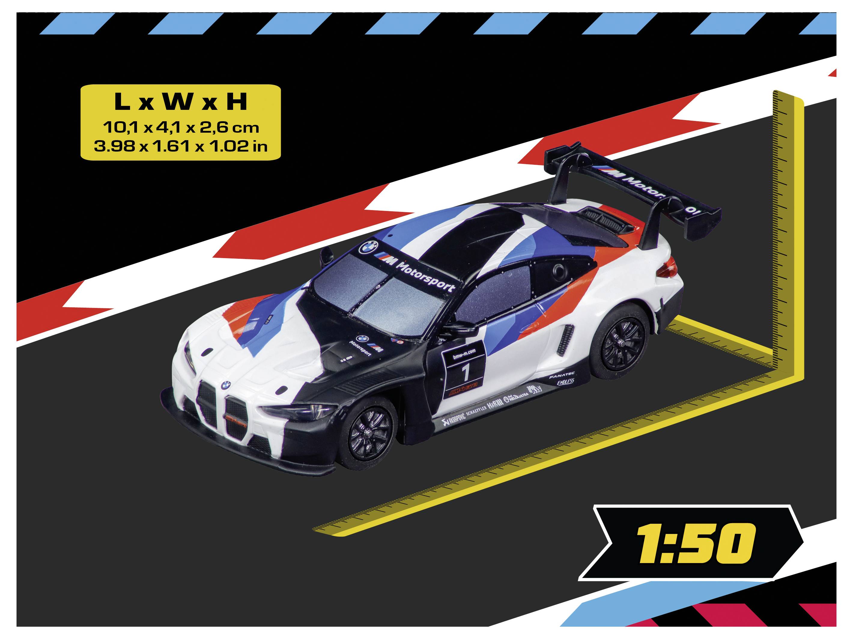 A scale model racing car with a colorful design, labeled 'L x W x H: 10.1 x 4.1 x 2.6 cm', on a grey surface with a ruler graphic.