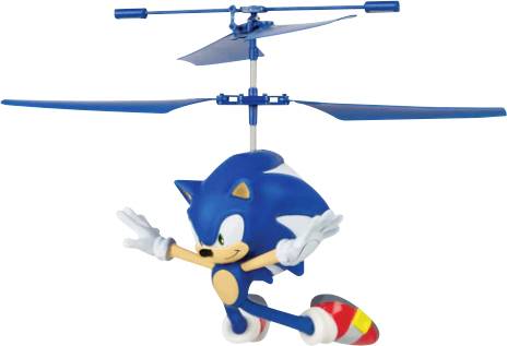 A toy of a blue anthropomorphic character with white gloves and red shoes, suspended from propellers, as if flying like a helicopter.