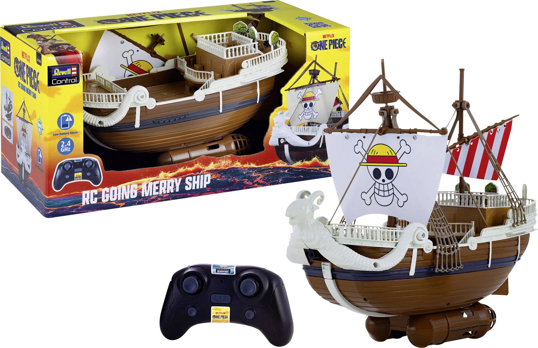 Remote-controlled toy ship featuring skull and crossbones sail design, with packaging. Includes controller.