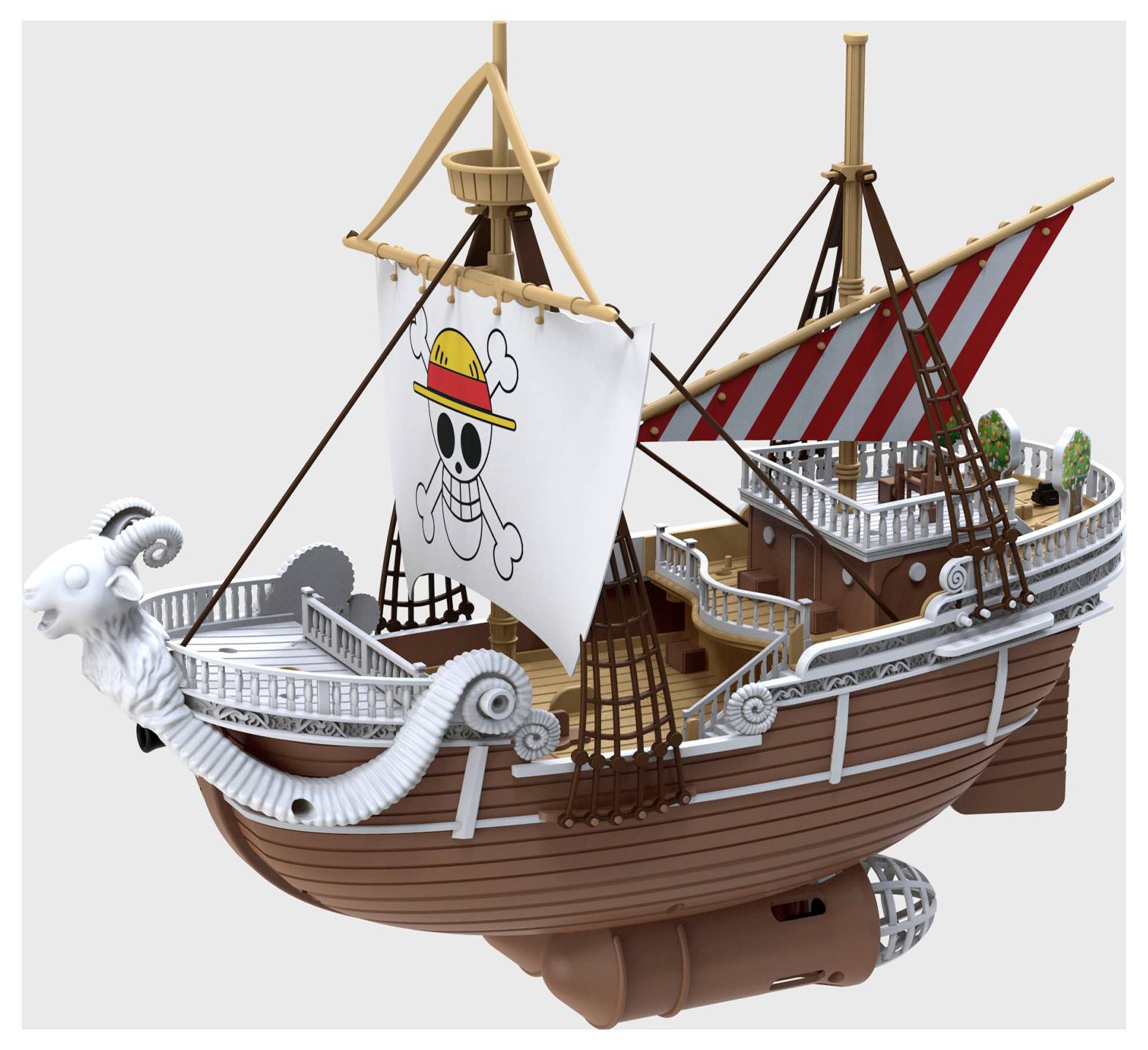 A toy pirate ship with sails featuring a skull and crossbones wearing a straw hat, designed with a goat figurehead and striped deck detailing.