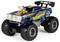 A remote-controlled monster truck with large tires and a colorful blue and yellow paint job, featuring a prominent rear spoiler.