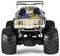 A blue and yellow monster truck with large tires and a prominent engine detail, viewed from the front, showcasing its rugged design.