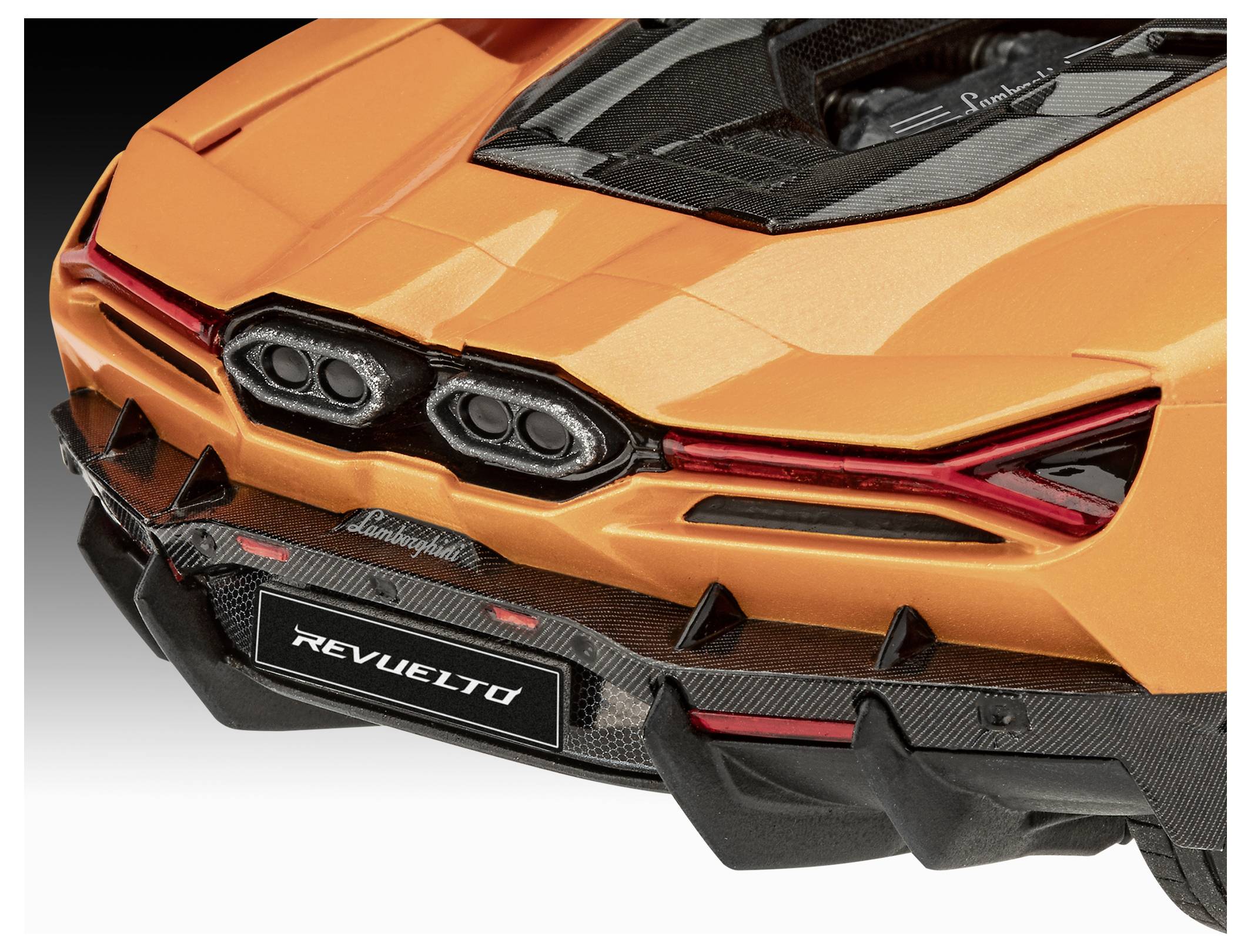 The image shows the rear view of an orange sports car with a license plate reading 'Revuelto' and detailed exhaust pipes and lights.