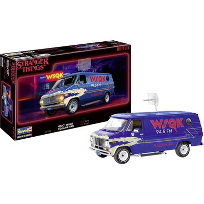 Model kit box featuring a 'Stranger Things' themed GMC van with 'WSQK 94.5 FM' logo. The other side shows the assembled model van.