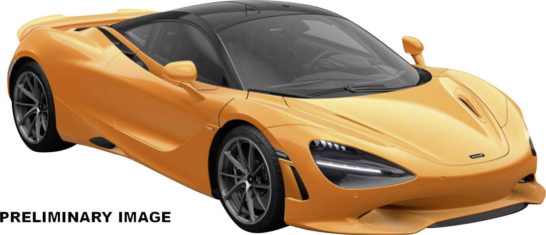 An orange sports car with a sleek design, black accents, and alloy wheels is shown in a side angle view. The text 'PRELIMINARY IMAGE' is at the bottom left.
