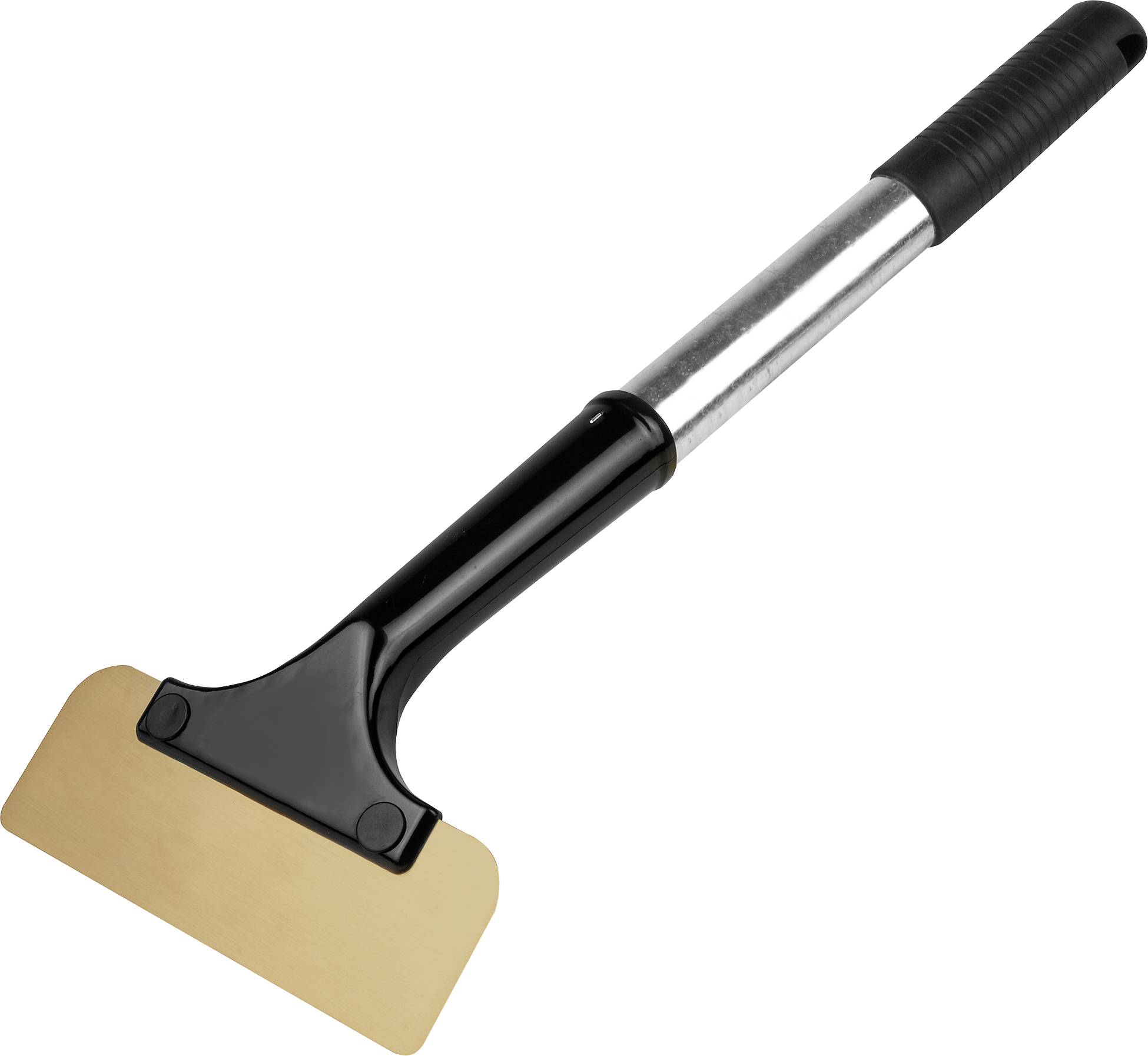 A metal hand scraper with a long, black handle and a wide, golden blade is displayed at an angle against a plain white background.