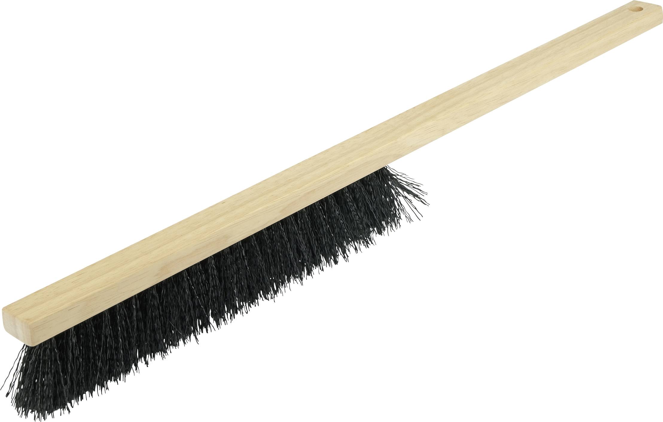 A long-handled brush with dense black bristles for sweeping. The handle is made of light wood.