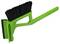 A green cleaning brush with stiff black bristles and a long handle, used for scrubbing surfaces.
