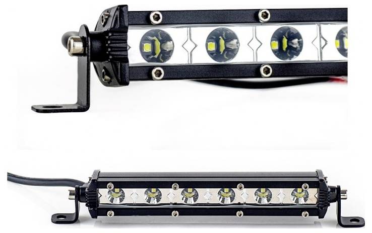 A black LED light bar with five circular LED bulbs and mounting brackets. Suitable for vehicles or outdoor lighting applications.