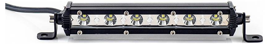 A black LED light bar with eight circular lights, mounted on brackets, connected by a cable on the left side.