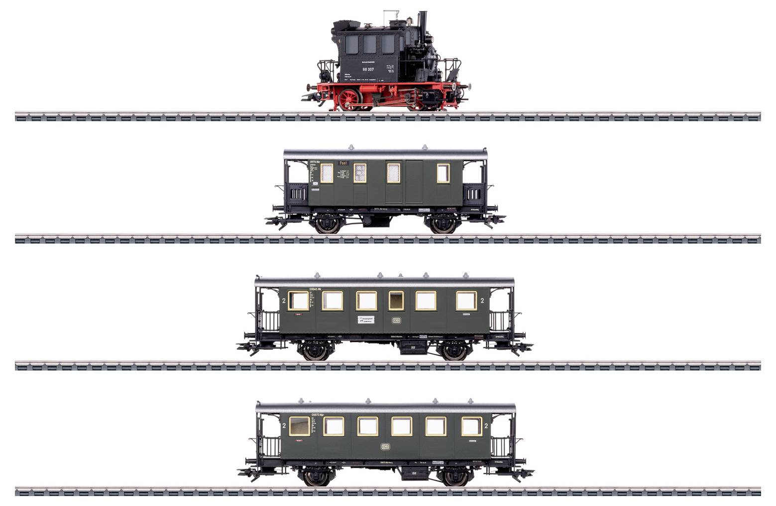 A vintage steam locomotive followed by three passenger cars on separate tracks. The locomotive is black with red details.