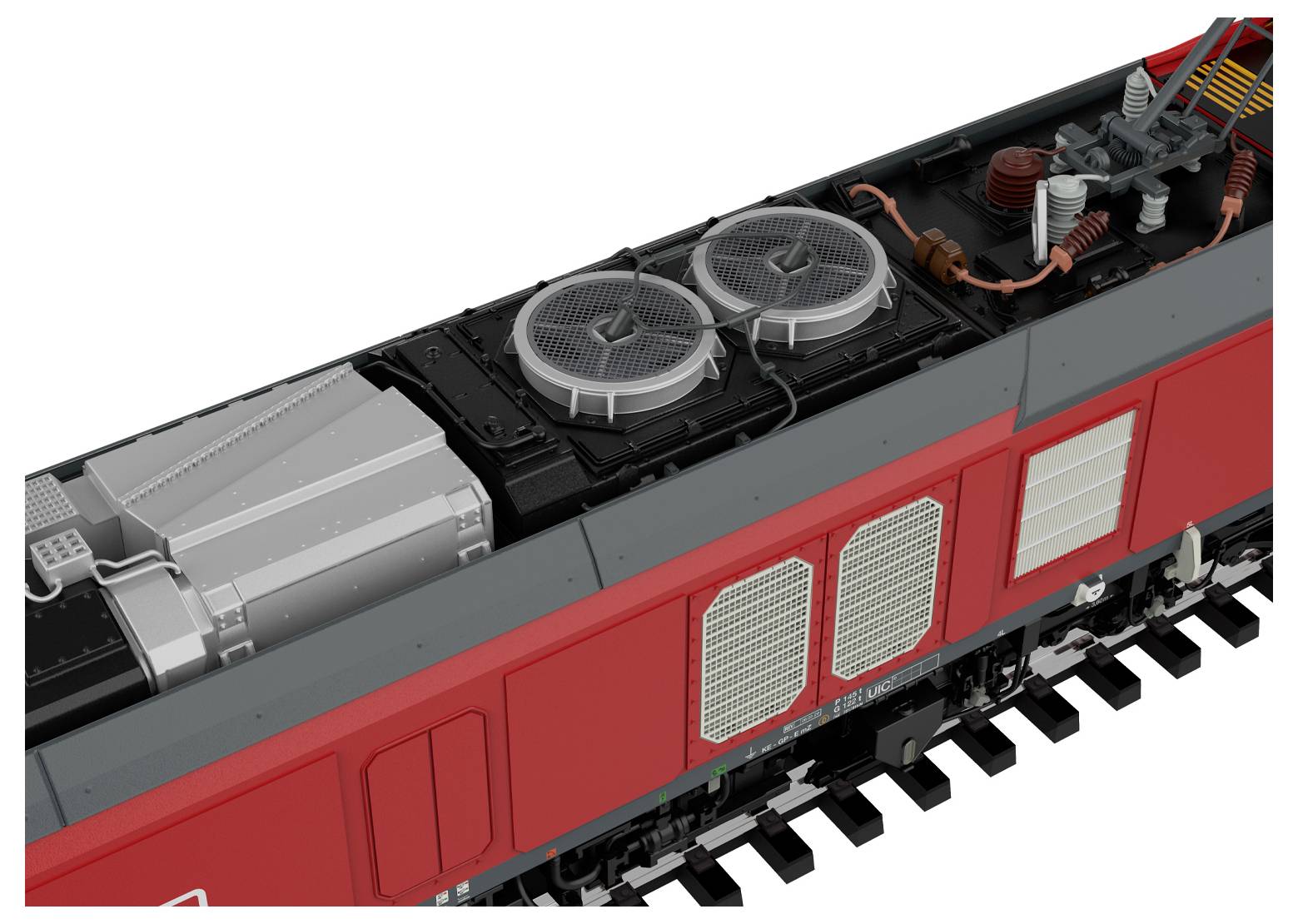 View of a red train's rooftop showing detailed mechanical components, including fans, wires, and exhaust systems, highlighting technical features.