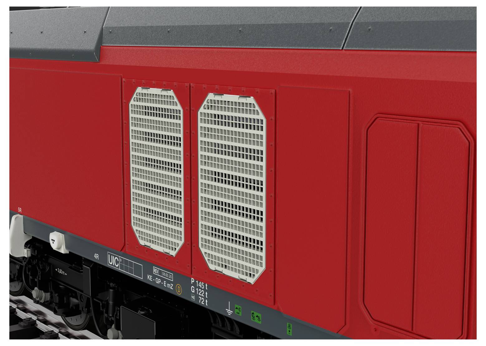 Side view of a red train engine section, showing ventilation grilles and technical markings.
