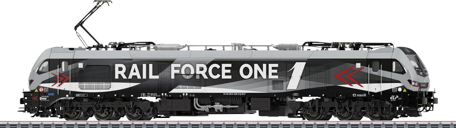A sleek, modern train labeled 'Rail Force One' with a black, gray, and red design, parked on a track, showcasing advanced rail engineering.