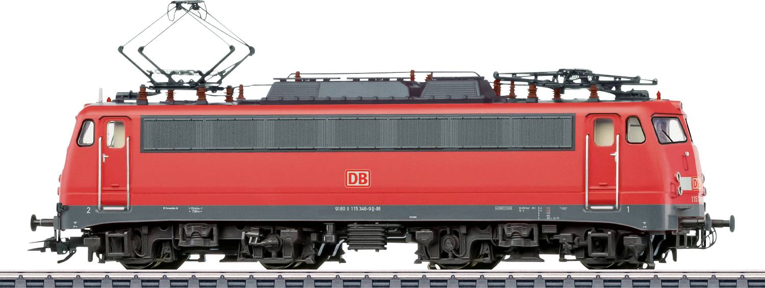 A red electric train locomotive with 'DB' logo, standing on a railway track. The locomotive features prominent black cables and metal details.
