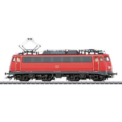 A red electric train locomotive with 'DB' logo, standing on a railway track. The locomotive features prominent black cables and metal details.