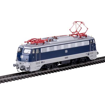 A blue and gray electric model train engine on a track, with red overhead wires. The train is detailed with rail company markings.