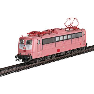 A red electric locomotive with the DB logo on a railway track. It has a distinct boxy shape and pantograph on top for overhead power lines.