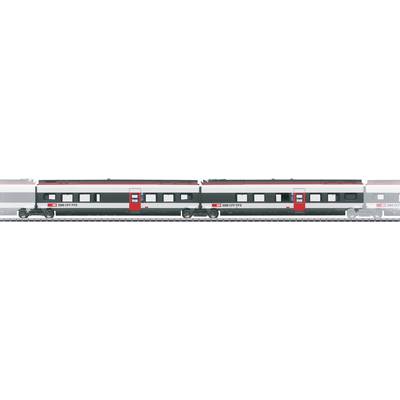 A high-speed train moving along tracks, featuring sleek, modern carriages with red and grey patterns, and a line of windows.