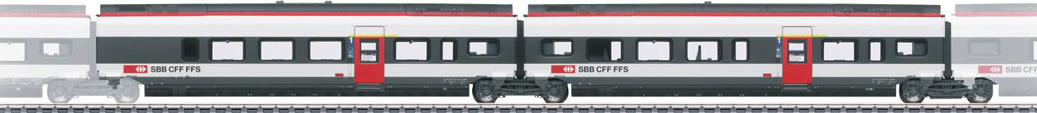 A model train with red and black detailing on a track, featuring two passenger cars with windows.